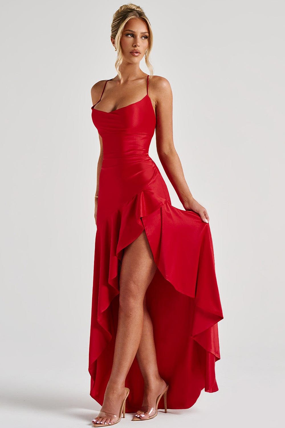 Olivia - Satin Ruffle Maxi Dress